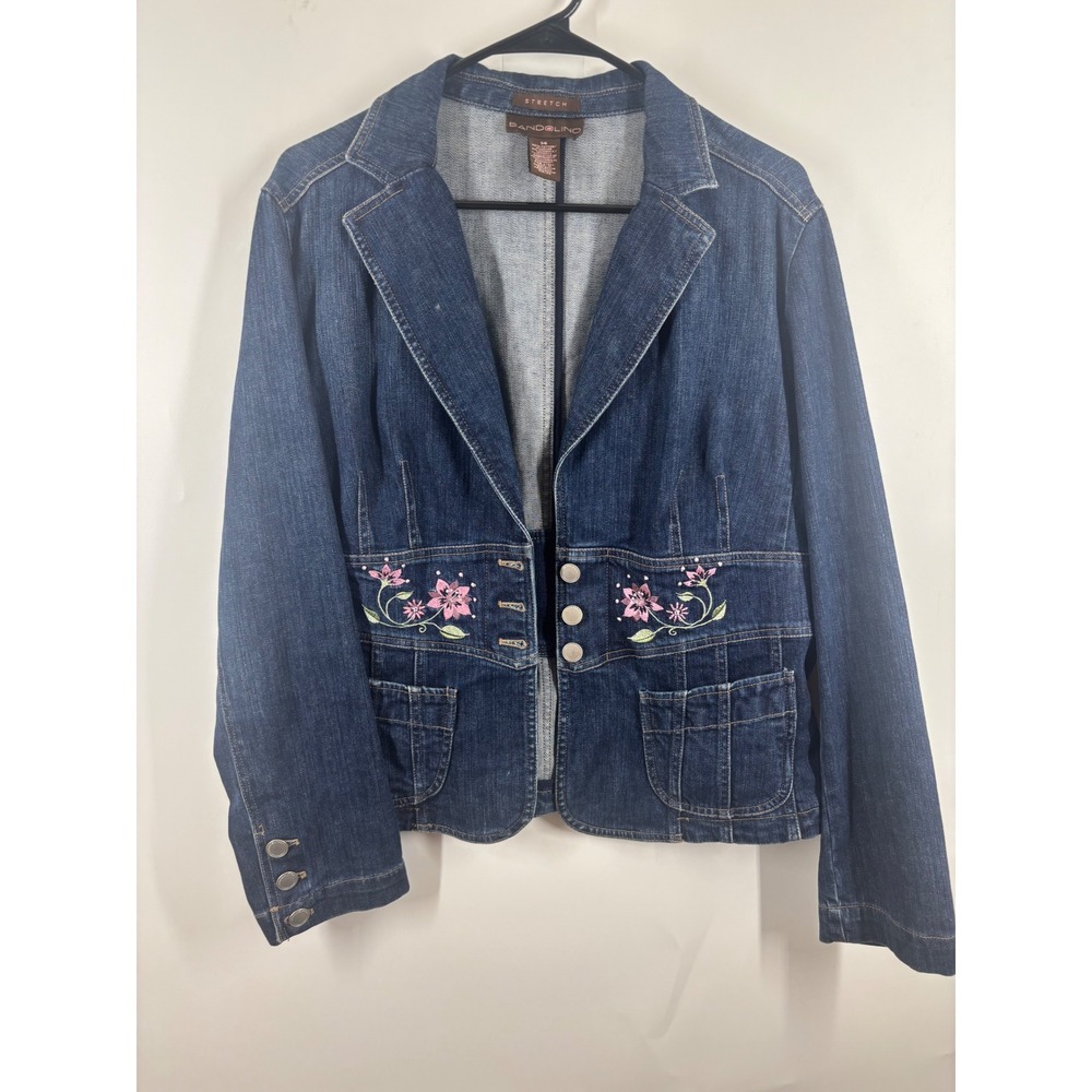 Bandolino Blue Denim Blazer Jacket Floral Embroidered Dark Wash 14